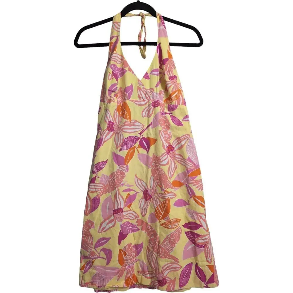 Lilly Pulitzer Pink Yellow Floral Halter Dress Backless V Neck Size 4 - Picture 1 of 8